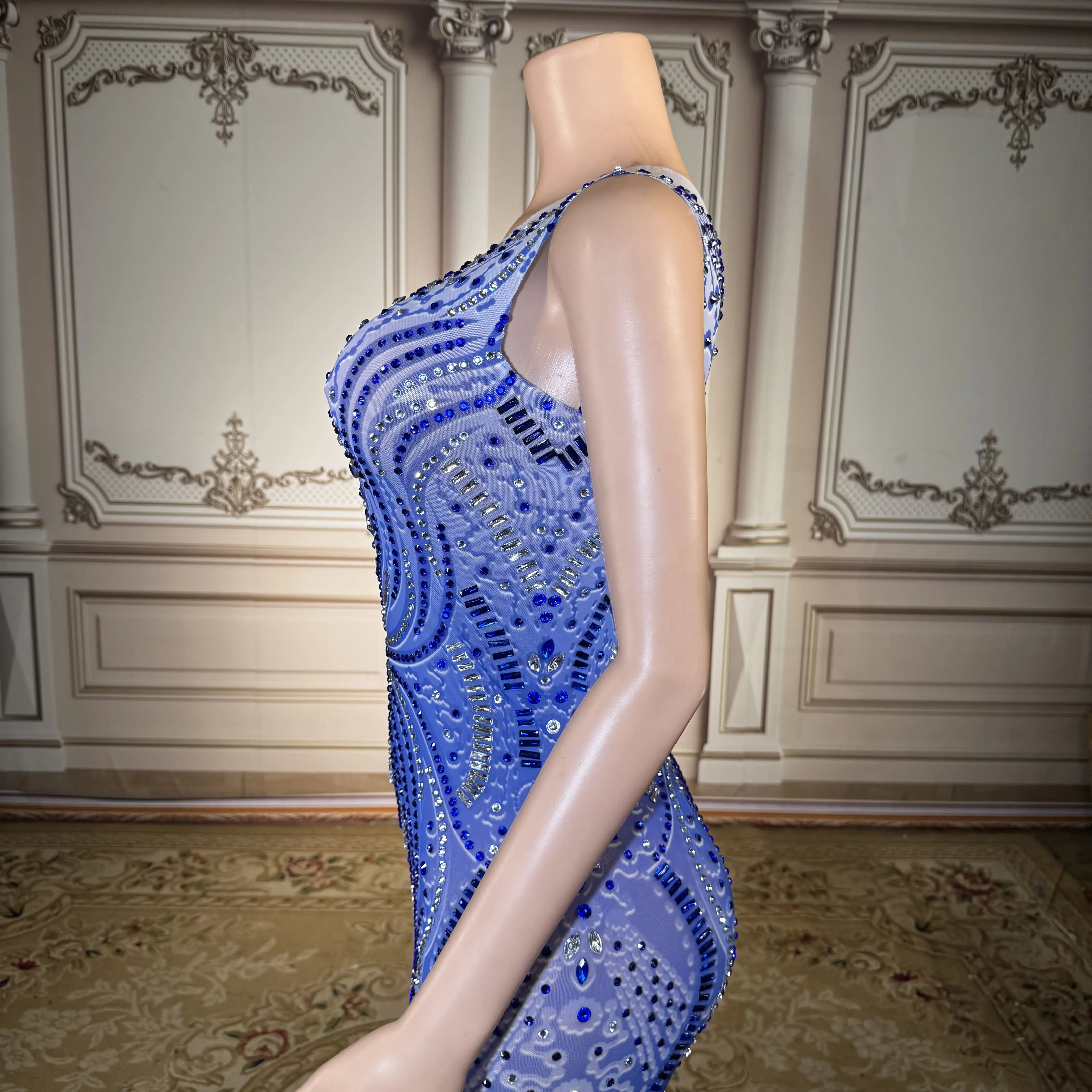 ZD Vestido de noche ajustado de cristal azul de lujo para mujer – Vestido largo de sirena con diamantes de imitación brillantes, formal elegante sin mangas