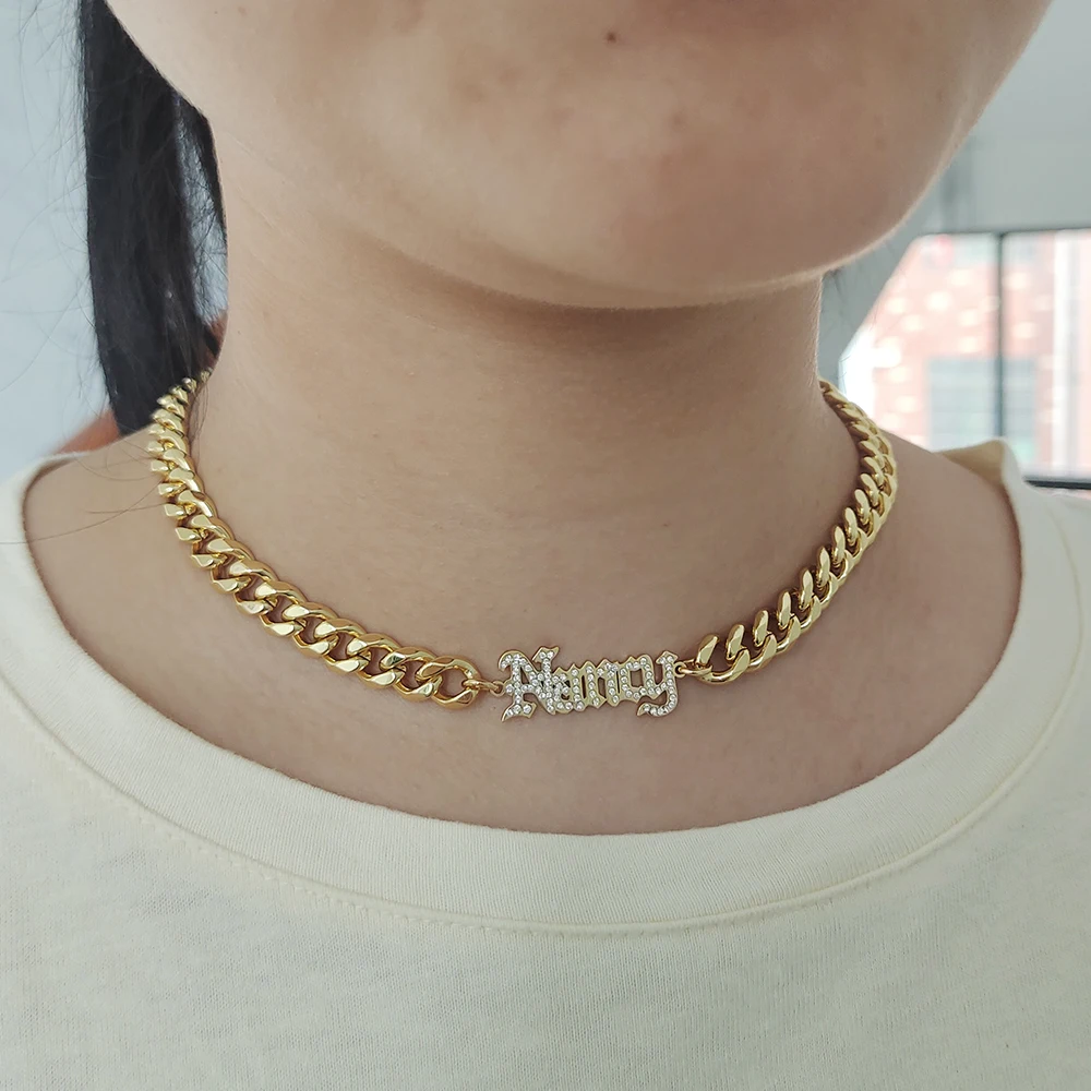 2022 Fashion Hot 10mm Cuban Chain Necklace Custom Name Necklace Stainless Steel Chain Hip Hop Jewelry Name Necklace With Stone