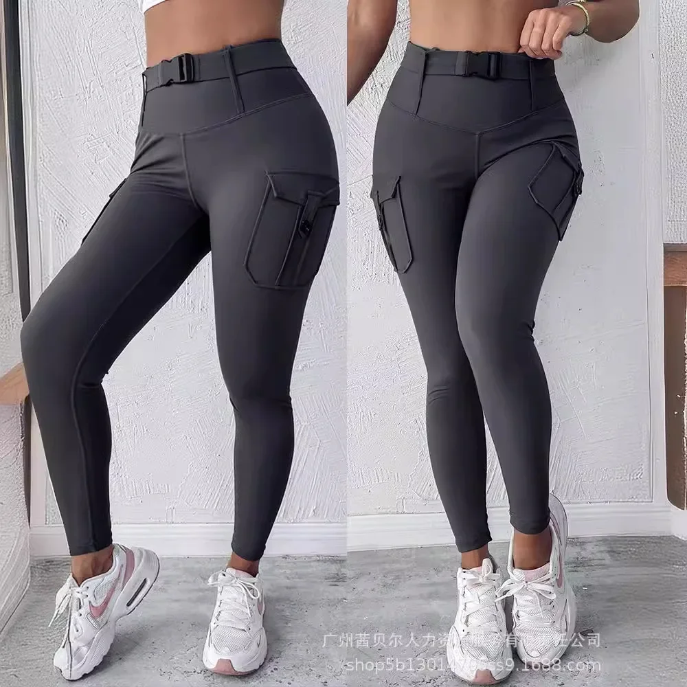 Pocket Design Quick Dry Active Pants Women Solid Color Gym Work Out Running Pants Leggings Sexy Slim Summer