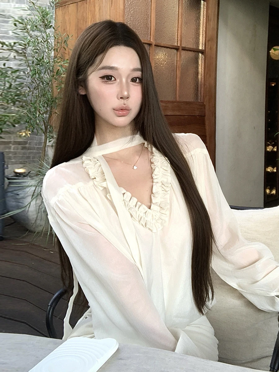 

Ele Sexy Long Sve V Ne Ruffle irt Loose Fit Women's Faion Lace Top Transparent Pure Desire Sle Casual Wear