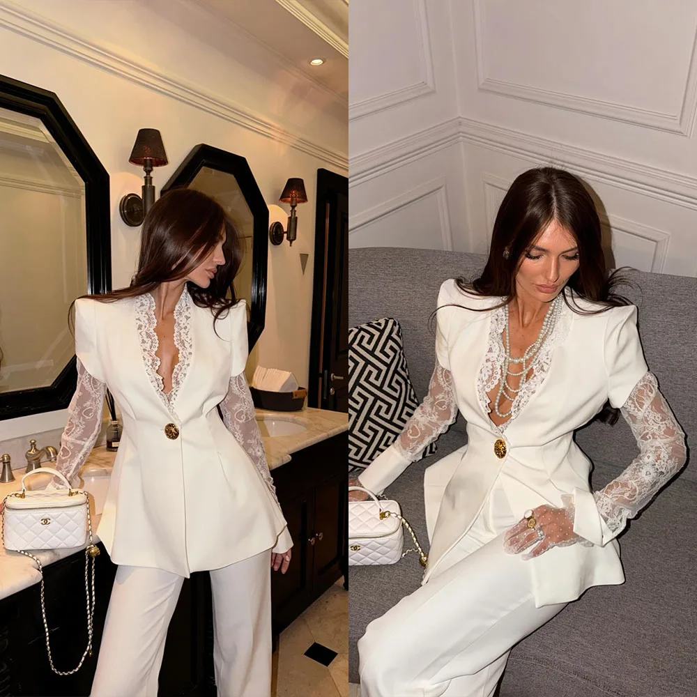 Women's Dresses Suit Gowns Elegant Appliques Lace Lapel Jacket Coat And Pants For Female Satin 2 Pieces Suit Customized W653