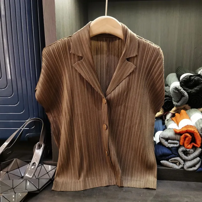Miyake Short Jacket Summer New Temperament Simple Suit Collar Thin Versatile Pleated Solid Color Pleated Short-sleeved Cardigan