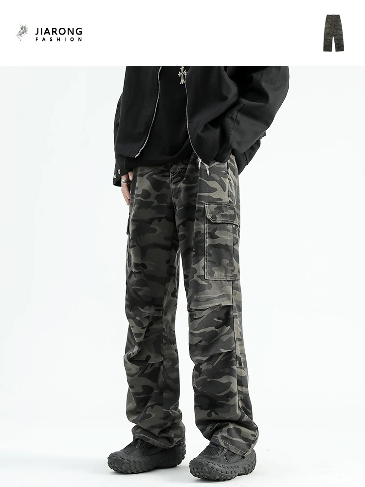 

American Style Camouflage Multi-Pocket Straight Leg Work Pants Men's Autumn Winter Loose Casual Pants Trendy Retro Loose Fit