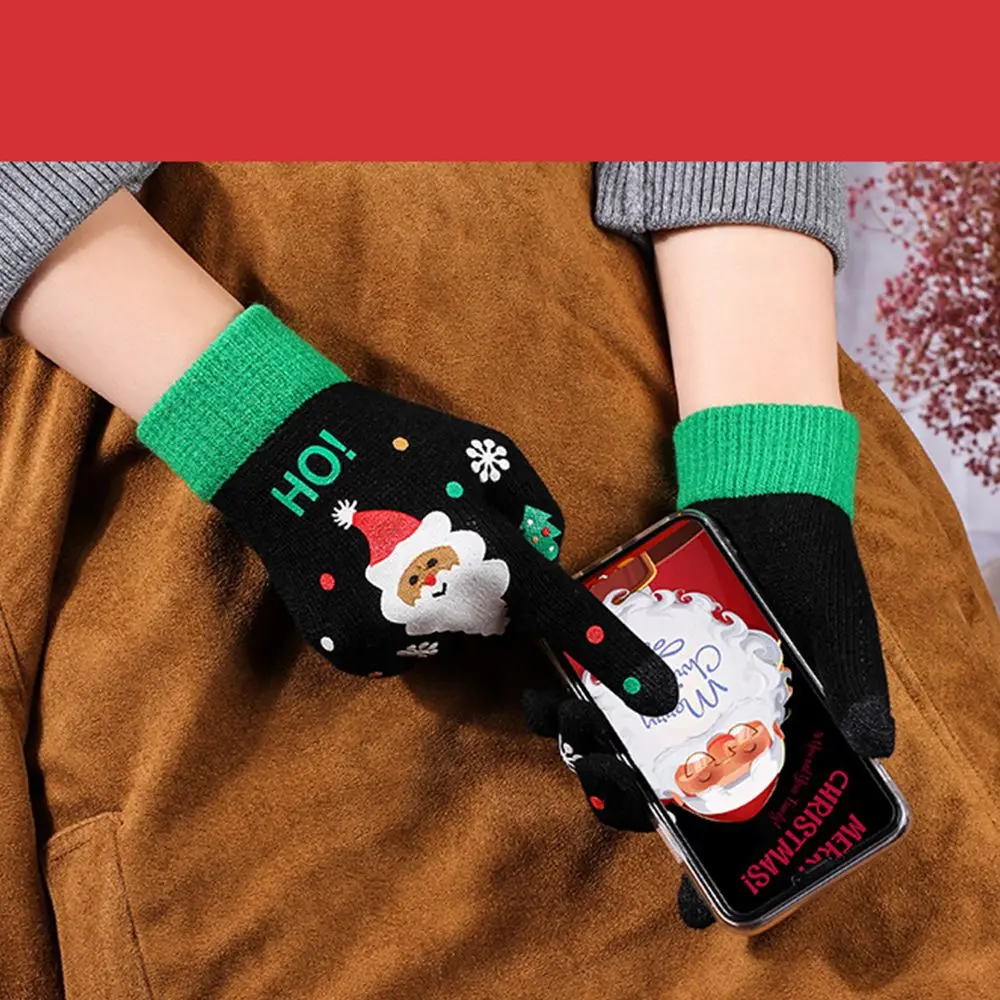 Cute Plus Velvet Touch Screen Men Driving Christmas Kids Mittens Santa Claus Printed Full Fingers Gloves Women Knitted Gloves