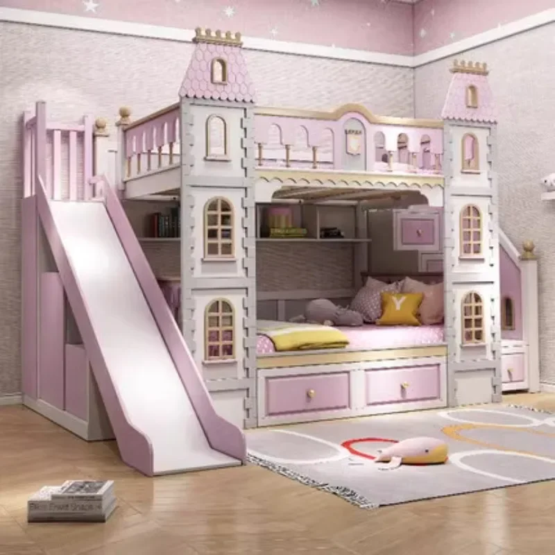 All solid wood children's up and down beds Bunk beds High and low beds Two floors Princess Dream Castle Slide Villa