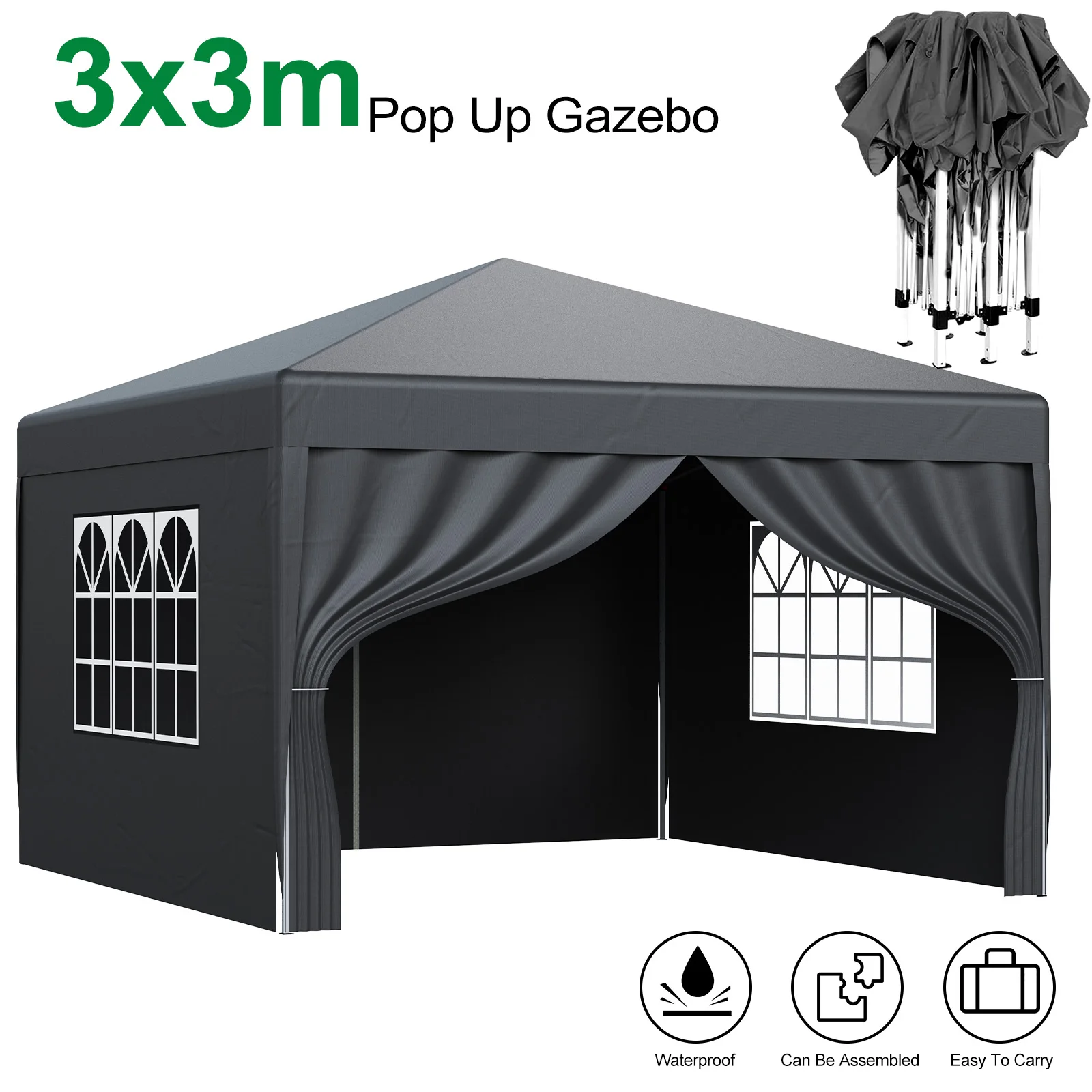 LOEFME Pop-up Gazebo 3x3m Buitentent Partytent met Ramen Waterdicht UV-zonbescherming Draagbare Gazebo Tent