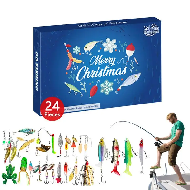 Calendário do advento conjunto de equipamento de pesca 24x calendário de contagem regressiva de natal com iscas de pesca conjunto calendário de contagem regressiva de pesca de natal