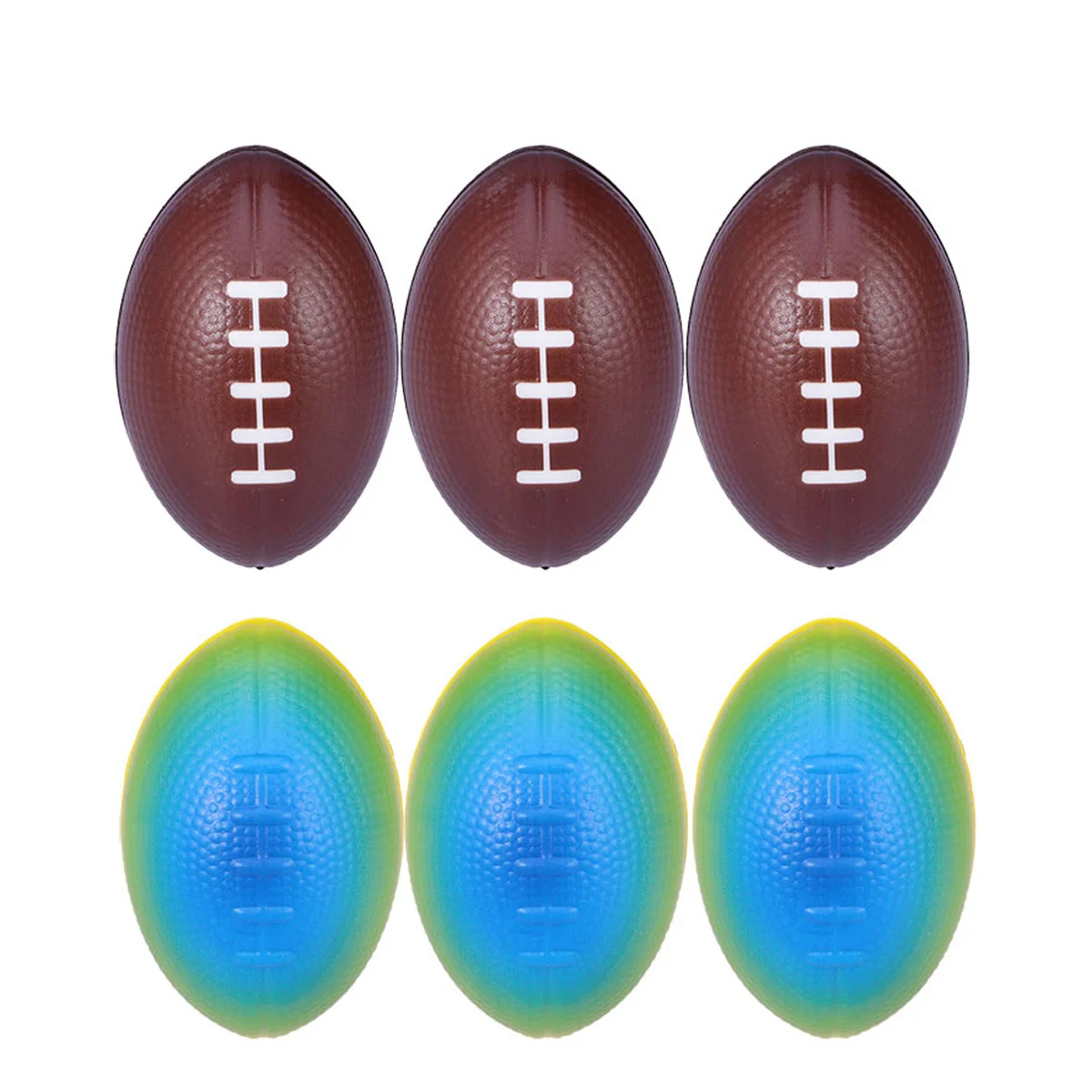 6pcs 9cm Sponge Bouncy Rugby Elastic Colorful PU Jumping Balls Toy for Children Kids (Coffee + Rainbow Color Each 3pcs)