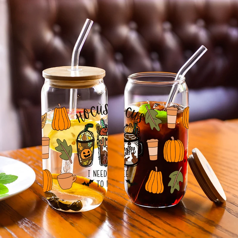 1pc Halloween Elements Printed Glass Cup With Bamboo Lid&Straw Transparent Heat-Resistant Juice Coffee Glass Can Halloween Gifts