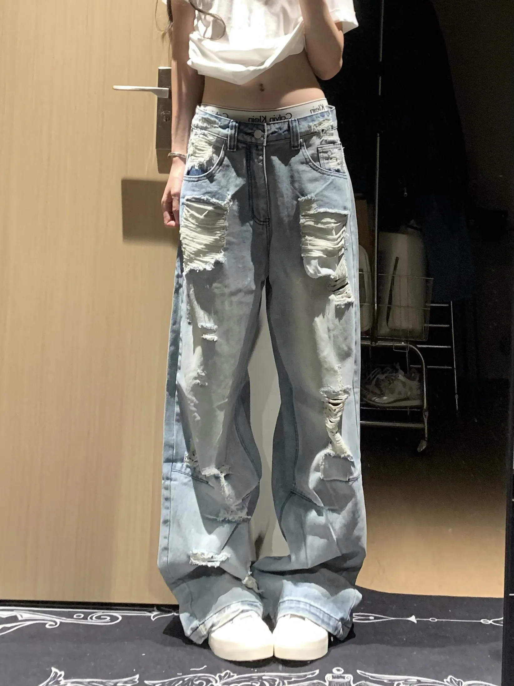 

Retro American Street Style Distressed Jeans Men's Loose Straight Leg Casual Wide Leg Pants High Waist Zipper Spring Season