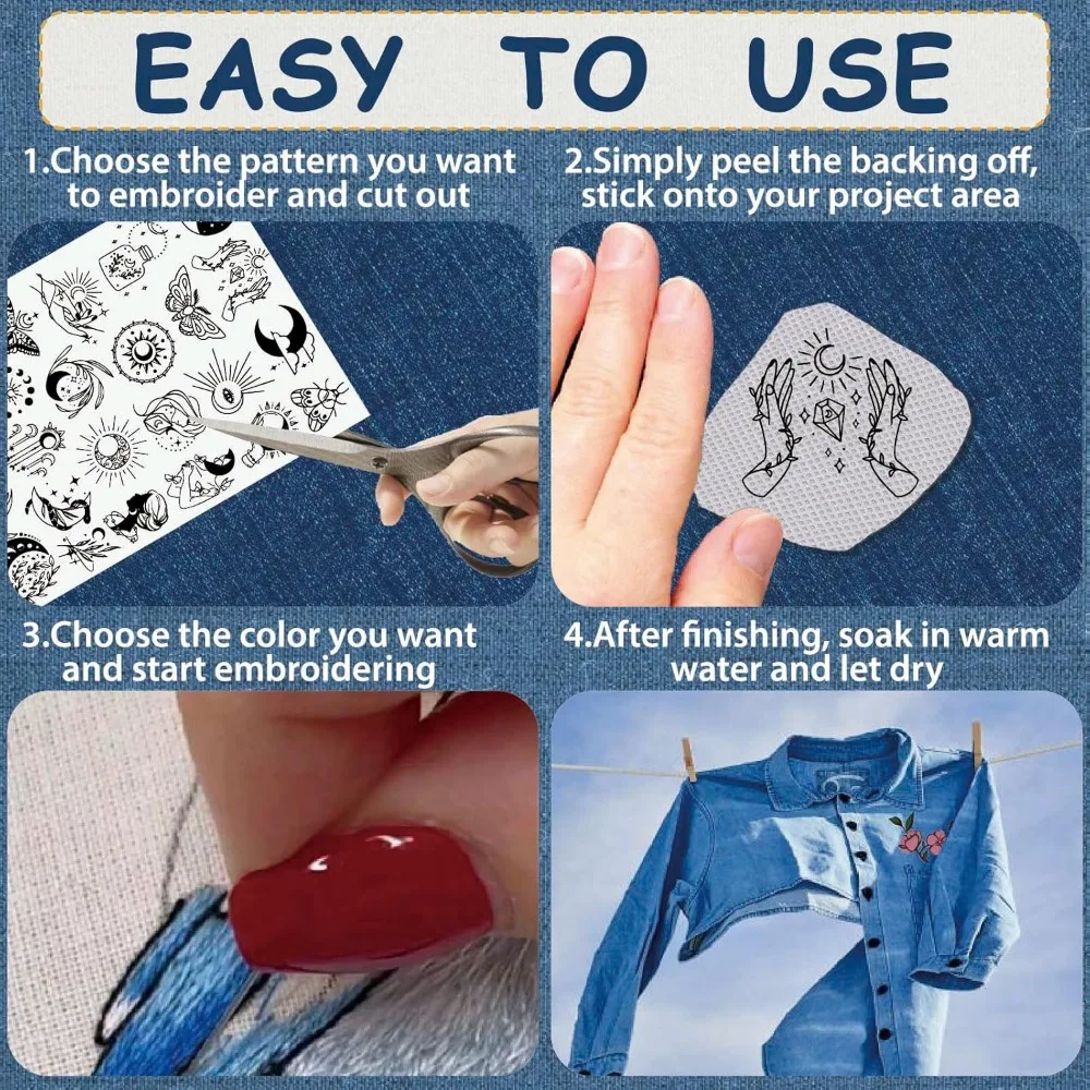 51Pcs Boho Moon Sun Water Soluble Embroidery Stabilizers Patterns Magic Tarot Hand Sewing Stick and Stitch A4 Transfers Fabric view 4