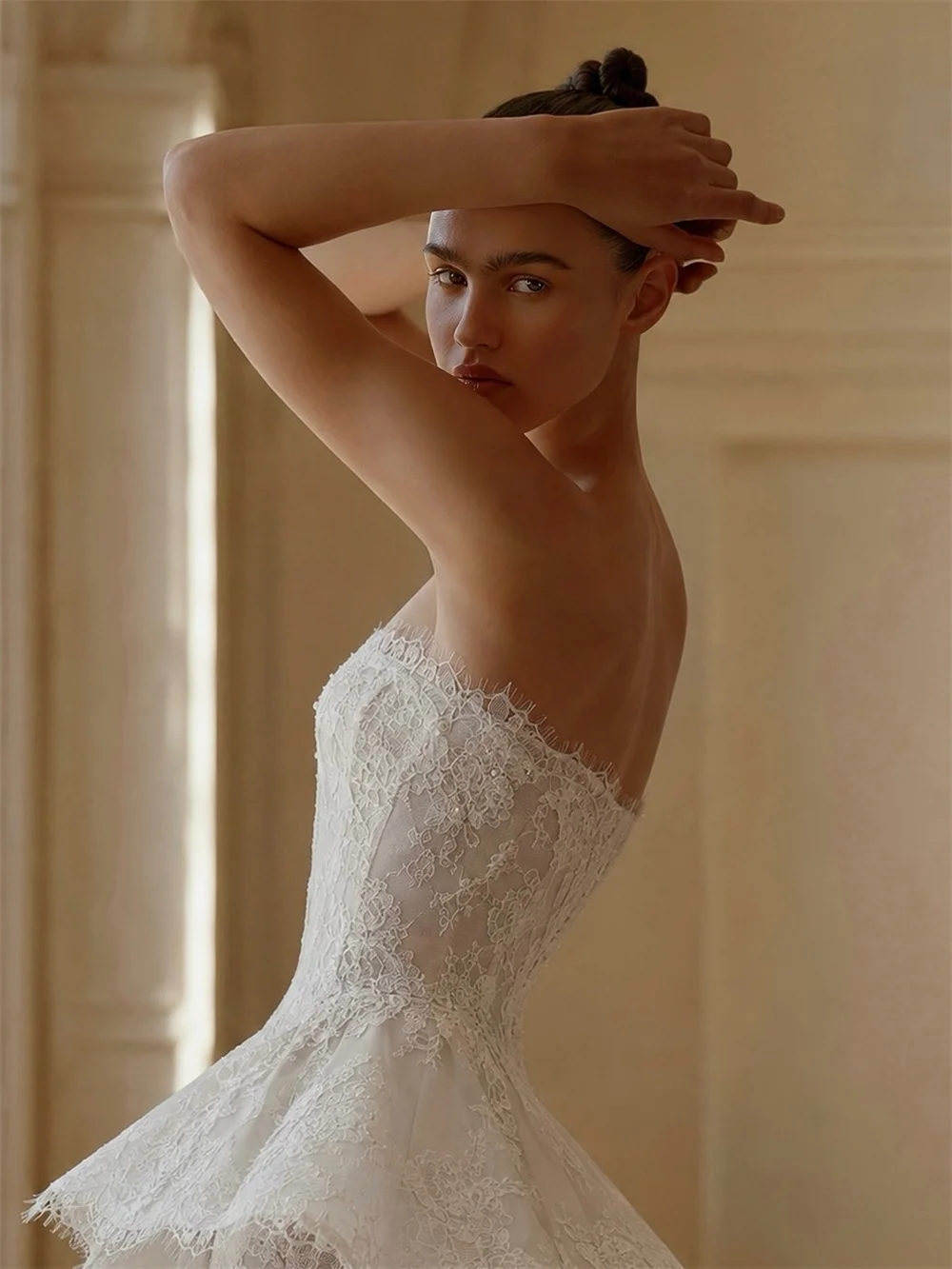 Tokyo Custom Strapless Lace Wedding Dress Ruffled Overlay Mermaid Bridal Gown Sweep Train Formal Evening Wedding Attire