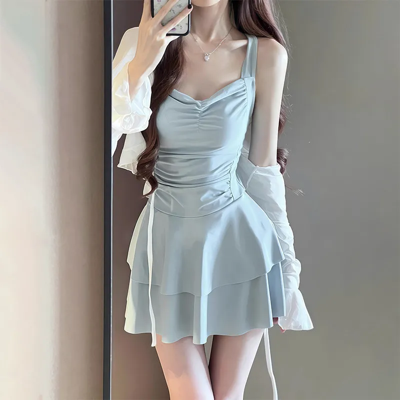 2025 Summer Swimsuit for Women Sweet Backless Sexy Swimming Dress Style One-piece  Swimwear with Coat Beach Vacation Costume