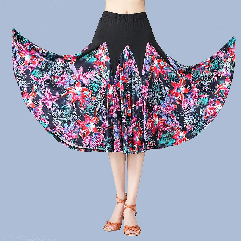 Womens dance mid-length skirt printing dance skirt large swing skirt ballroom dance practice performance clothing