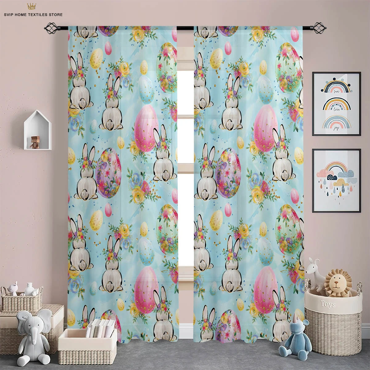 2 Pieces Easter Bunny Colorful Egg Cartoon Printed Curtains Bedroom Living Room Dining Room Holiday Decorative Curtains