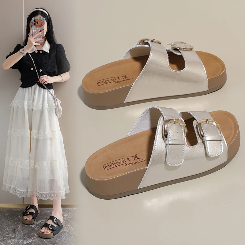 Ladies One Band Sandals Minimalist PU Leather Slides Non-Slip Rubber Sole Beach Pool Shoes