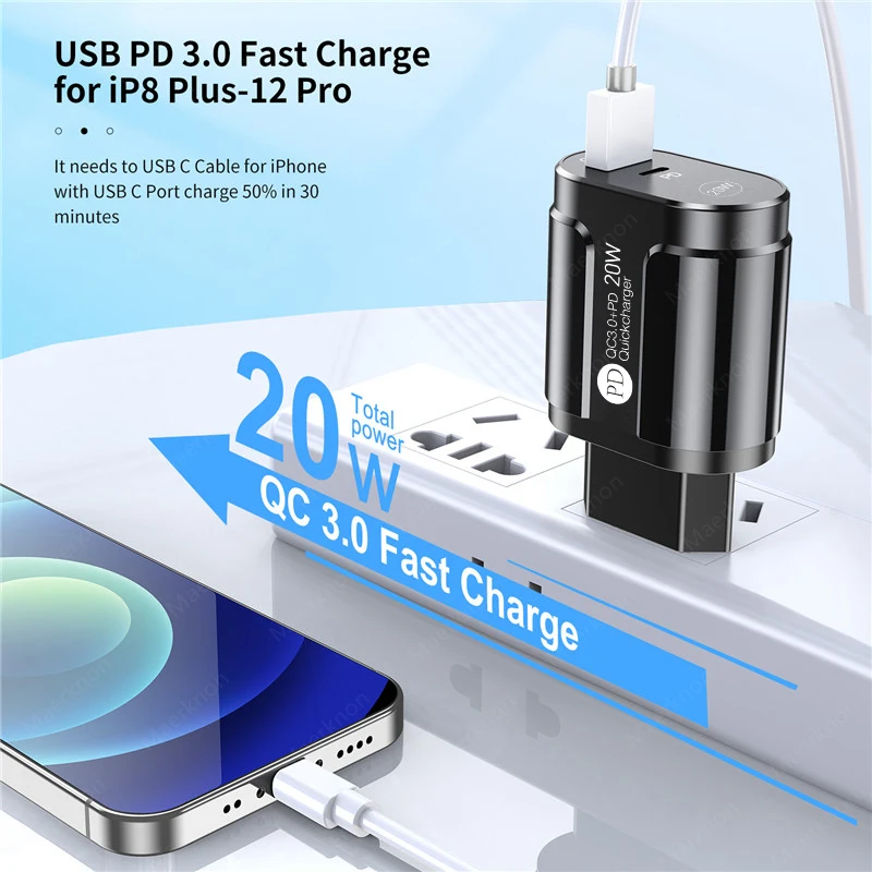 Phone Charger 20W Fast Charging PD USB Type C Charger Quick Charger 3.0 EU/US Plug Wall Charger For Iphone Samsung Xiaomi Huawei