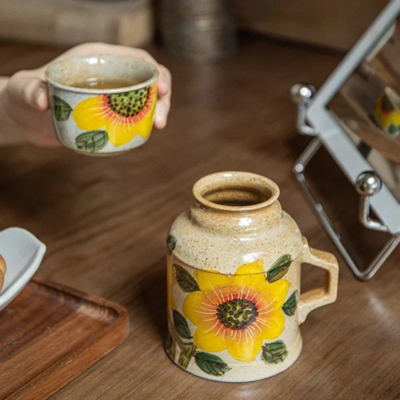 Exquisite Hand Painted Flowers Ceramic Cup Creative with Lid Mugs Set Home Desktop Large Capacity Water Cups Unique Gifts