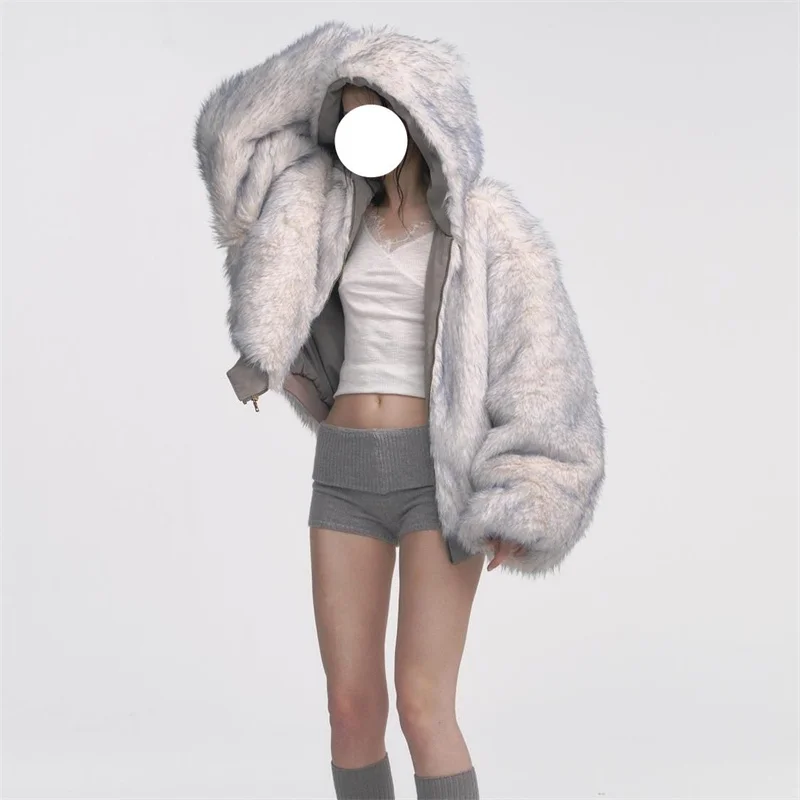 2025 Ｎnová dvojitá ledově modrá špičatá letecká bunda z umělé kožešiny, šetrná k životnímu prostředí, zateplenější s čepicí - náhled 5