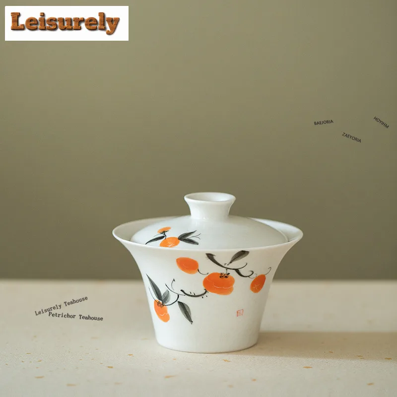 HOYIHM 120ml Plant Ash Hand Drawn Persimmon Horseshoe Gaiwan Zen Tea Tureen Tea Bowl With Lid Kit Tea Maker Cover Bowl Tea Gifts
