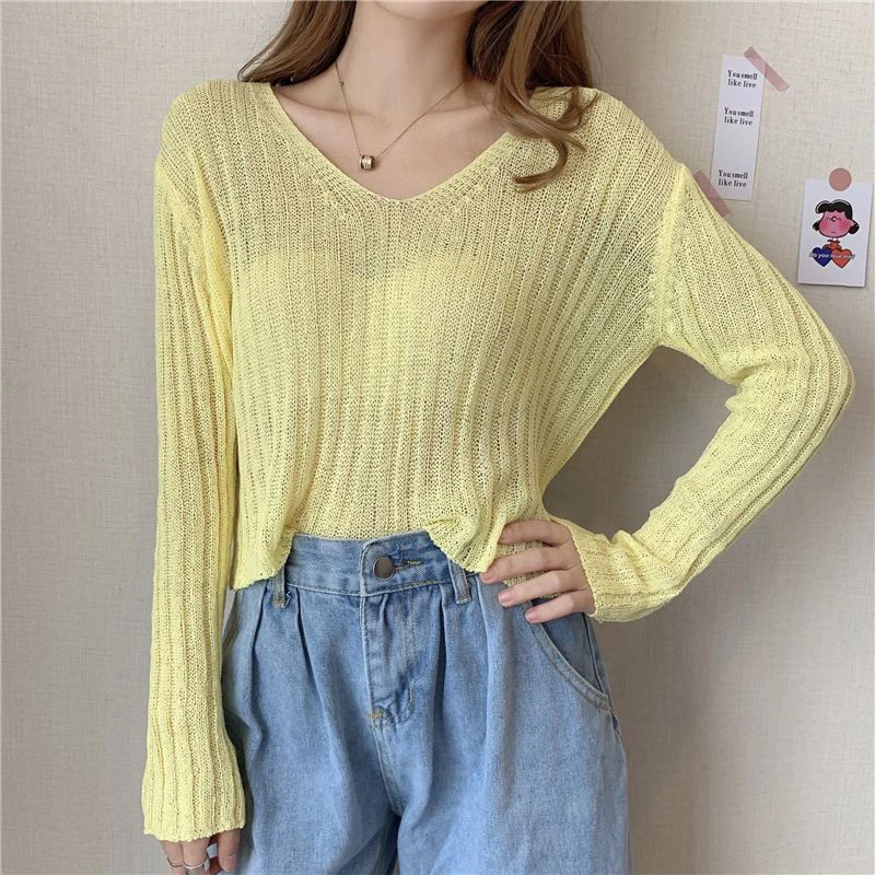 Zoki Loose Cropped Knitted Pullovers Women Sexy Hollow Out Long Sleeve Tops Korean Fall Fashion Long Sleeve Simple White Jumper