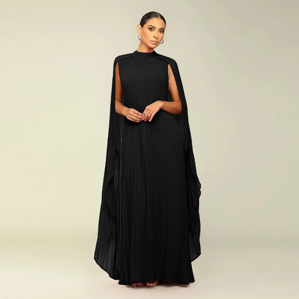 Female Stylish Solid Color Round-Neck Shawl Chiffon Evening Dresses 2024 Spring Autumn Long Sleeves Pleated A-Line Maxi Dresses