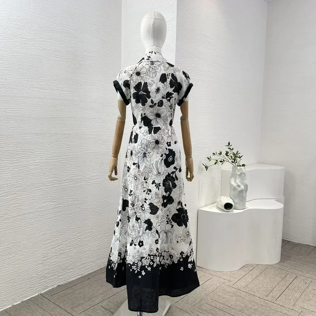 2024 Newest High Quality Linen White Black Floral Print Short Sleeve Women Vintage Blouse Tops and Midi Skirt Set for Holiday