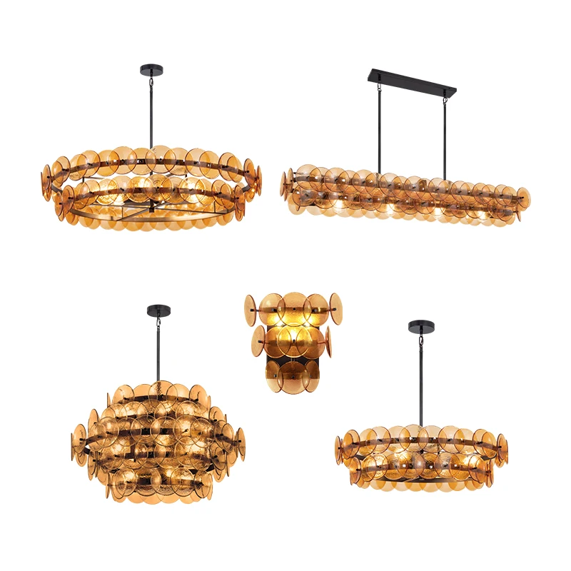 

French orange green glass circular chandelier LED colored glass lamp Living room and dining room light foyer loft hanging lamp