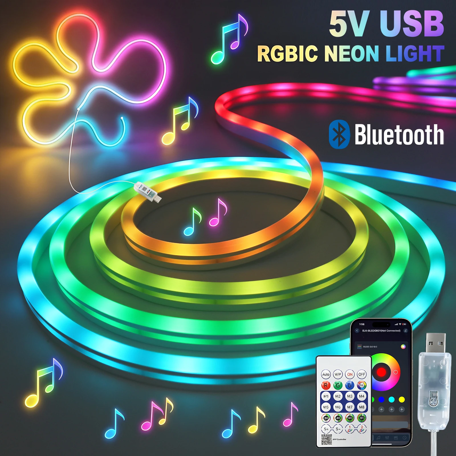 5M WS2812B LED Neon Pixel Strip DC5V USB Addressable RGB Dream Color IP67 Waterproof Flexible Silicone Light for DIY Party Decor