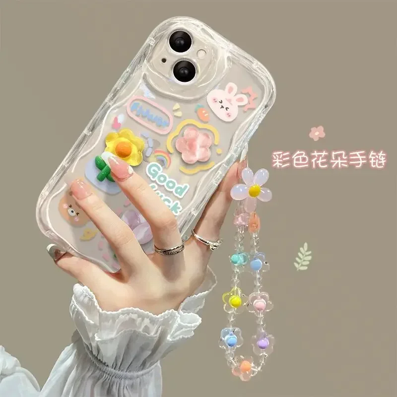 Korean 3D Bear Flower Phone Chain Lanyard Clear Soft Case for Samsung S24 S22 Ultra S20 S21FE S23 Plus A55 A54 A53 A52 A35 Cover