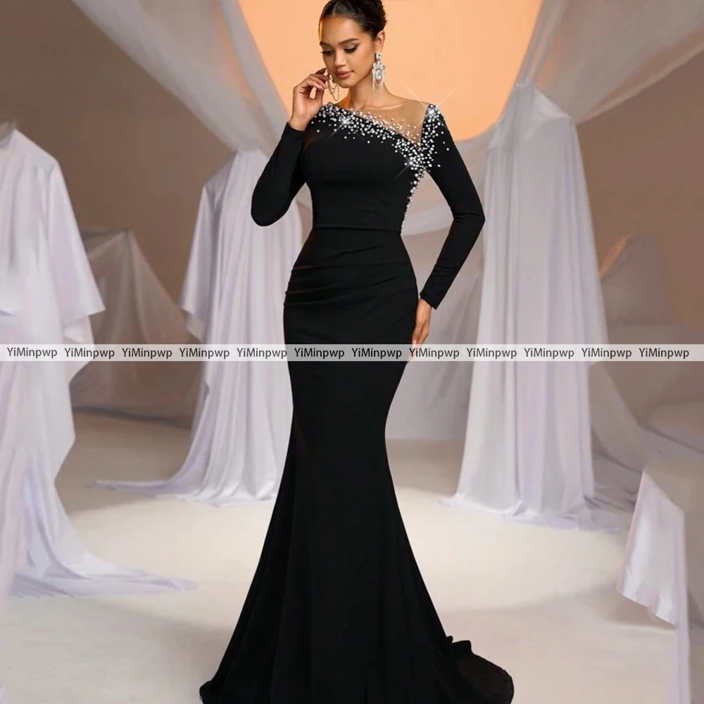 Kryształowa Sukienka na Bal Maturalny Syrenka Dekolt Okrągły Długi Rękaw Bez Pleców Satynowa Suknia Wieczorowa z Koralikami Sukienki na Formalne Okazje Szyte na Miarę