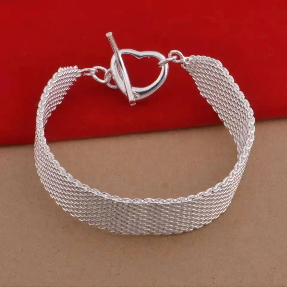 

Beautiful 925 Sterling Silver Mesh Bracelets Heart Clasp Nice For Wedding Women Chain Charm Fashion Gorgeous Jewelry 16mm Width