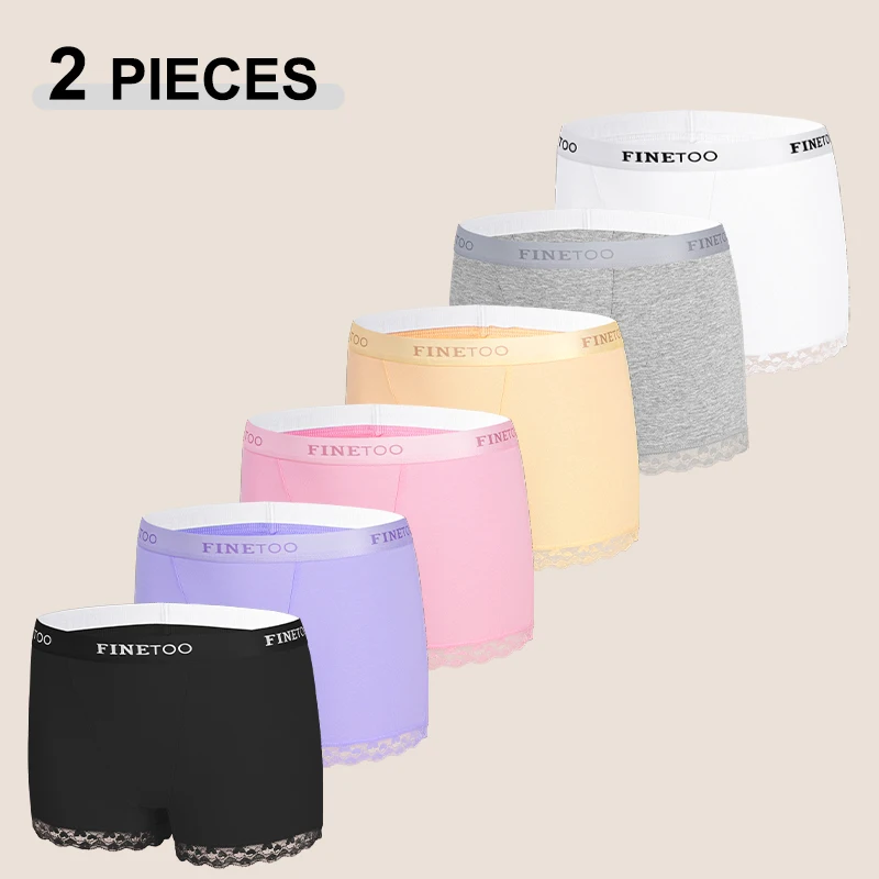 FINETOO 2Pcs/Set Women's Seamless Cotton Lace Boxer Shorts Solid Color Letter Comfortable Sport Pant