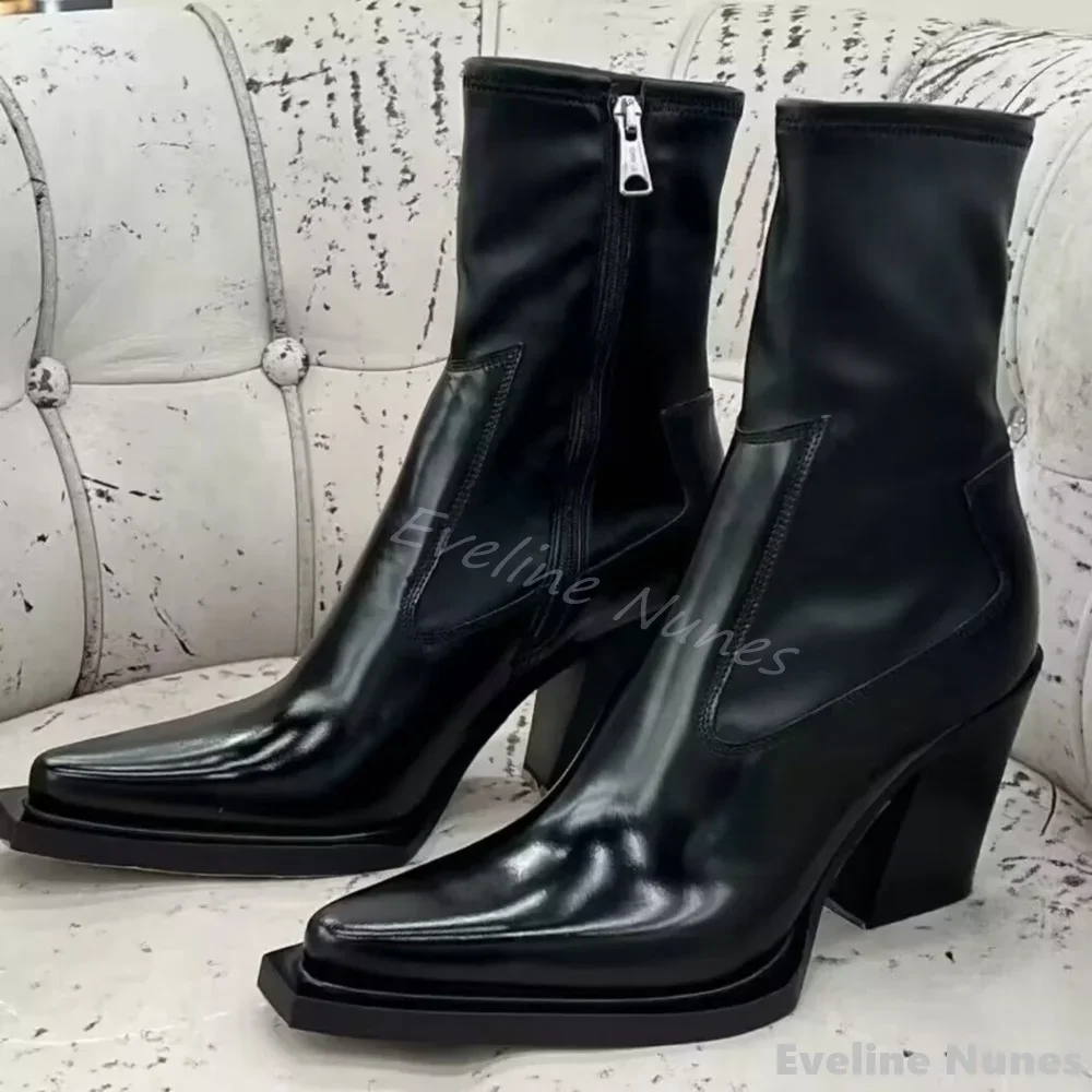 

Pointed Toe Thick Heel Elastic Ankle Boots Women Plus Velvet Side Zipper Black Leather Chelsea Boots 2025 New Splicing Boots