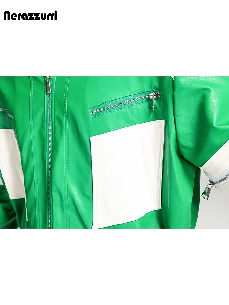 Nerazzurri Autumn Winter Cool Handsome Short Oversized Green and White Color Block Pu Leather Jacket Men Zipper Runway Fashion