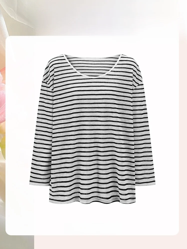 

Свободная женская футболка с длинным рукавом, весенняя коллекция, черно-белые полосы, защита от солнца, повседневный стиль, удобная, мягкая, из полиэфирного волокна