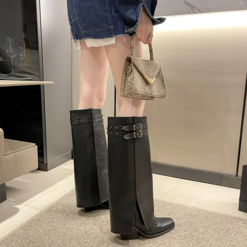 Winter Women Cowboy Boots Fashion Slip on Belt Buckle Ladies Elegant Long Pipe Boots Casual Thick Heel Women's Boot