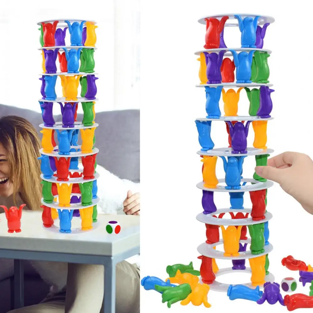 Fun Multiplayer Interacting Bright Colors Penguin Tower Collapse Blocks Game Detailed Balance Blocks Kindergarten Toys