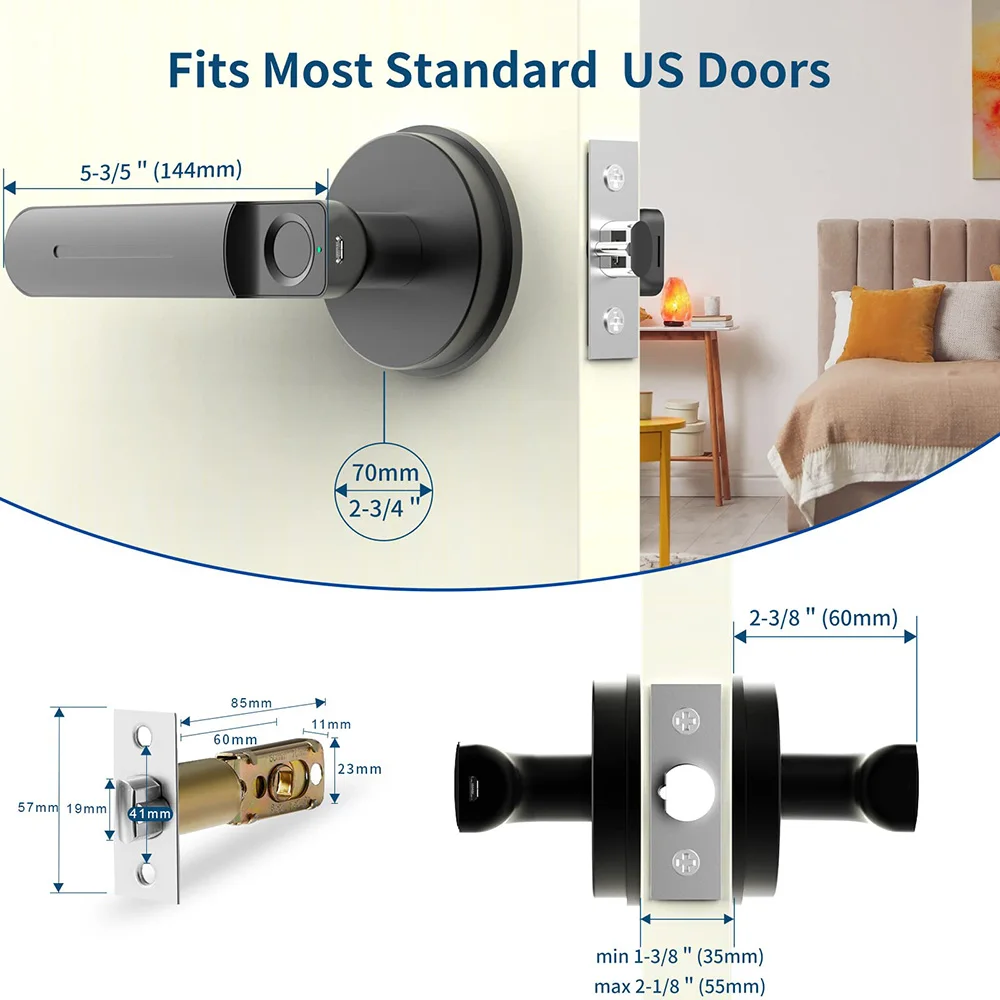 Smart Fingerprint Door Lock Keyless Entry Lock with Handle Biometric Lock Room for Home Storage Bedroom Office Private Spaces