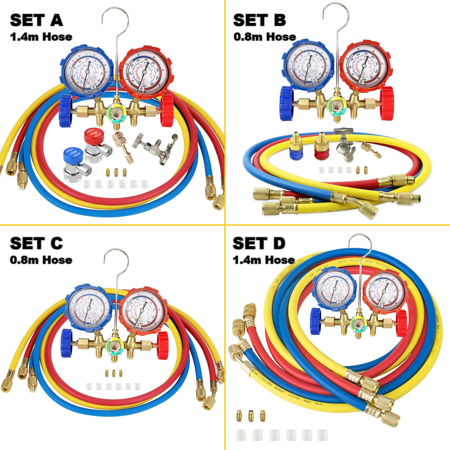 Air Conditioning Pressure Gauge R134a with Hose and Hook 3 Way AC Diagnostic Manifold Gauge Set Freon For R12 R22 R404A R134a