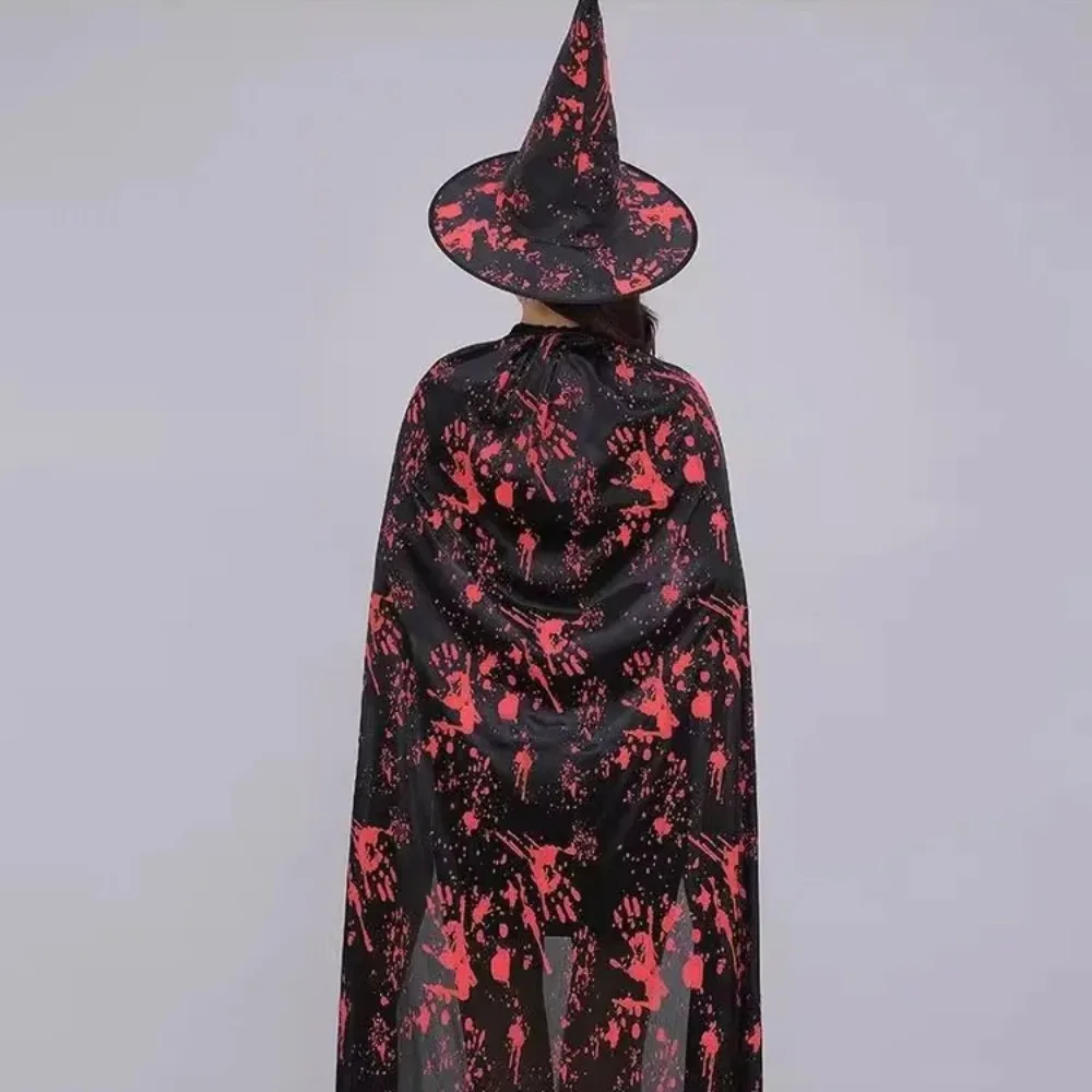 Blood Printed Witch Cloak Hat Set Cosplay Props Masquerade Halloween Blood Costume Costume Accessories Black Horror Cape Party