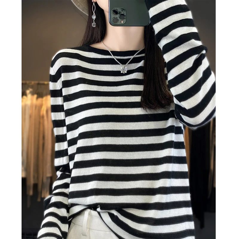 Women's Pullover Spring/Autumn Fine Faux Wool Sweater Casual Striped Knitwear Loose Ladies Tops Round Neck Basic Blouse
