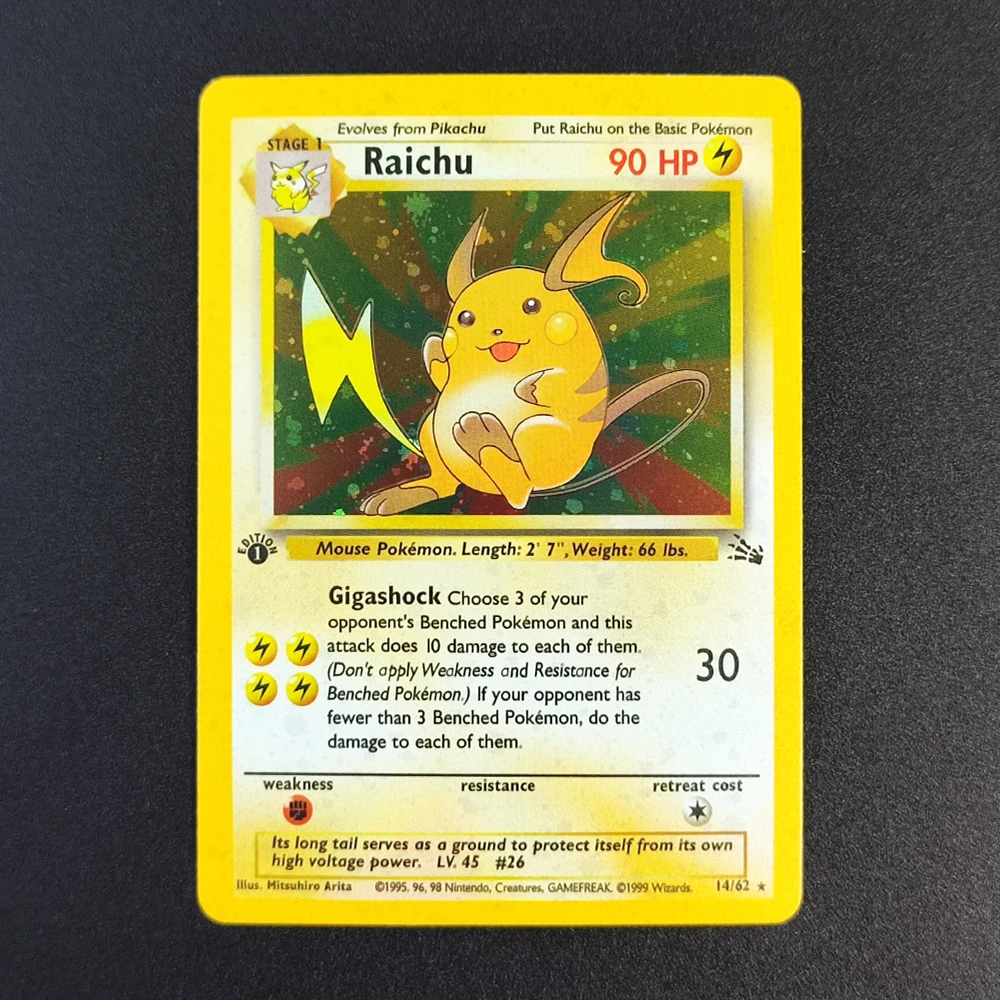 

Коллекционная карта Покемон: Райчу (1-е издание, Fossil), 14-62, супер редкая, классическая, аниме-карта, игрушка