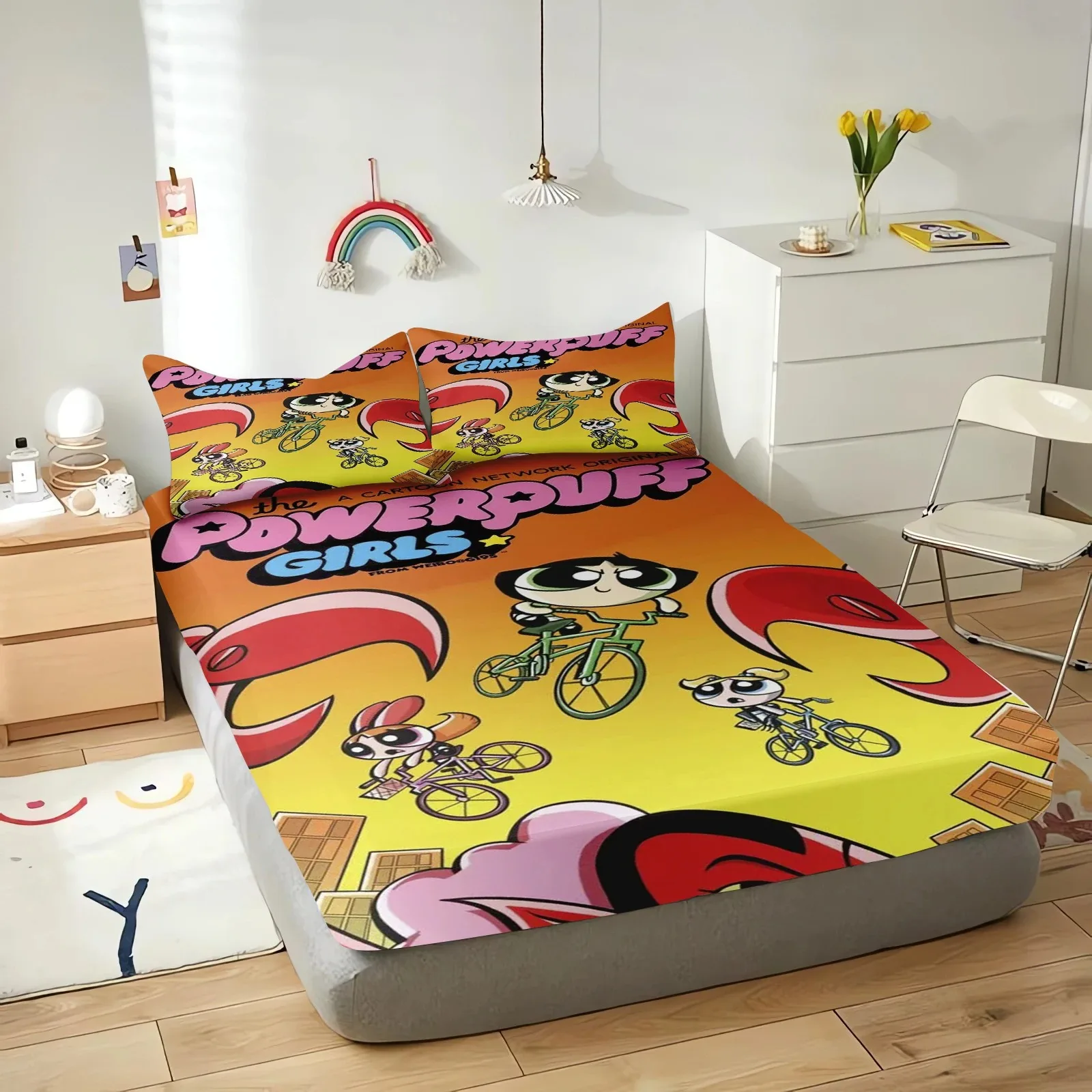 The Powerpuff Girls Bed Linen,Single/Queen/King Fitted Bed Sheet  Anime Fitted Sheet,with Elastic Band Bedroom Decor Gift