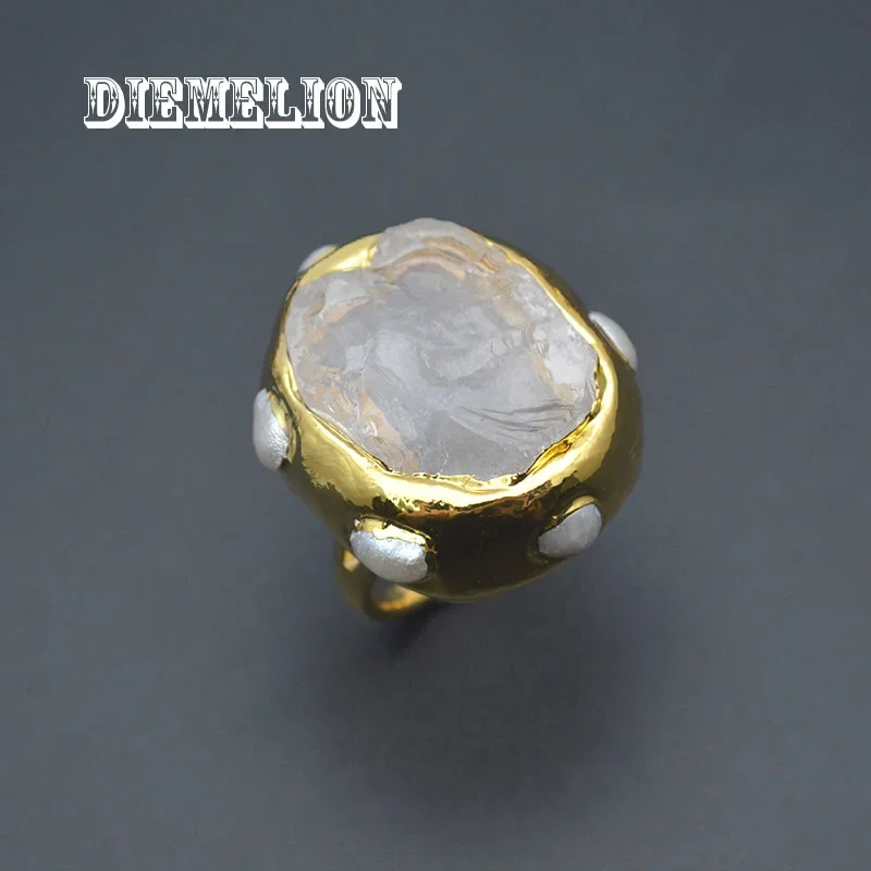 Natural Clear Quartz Big Raw Stone Rings Micro Inlay White Pearl Copper 18K Gold Plated Adjustable Crystal Ring for Women