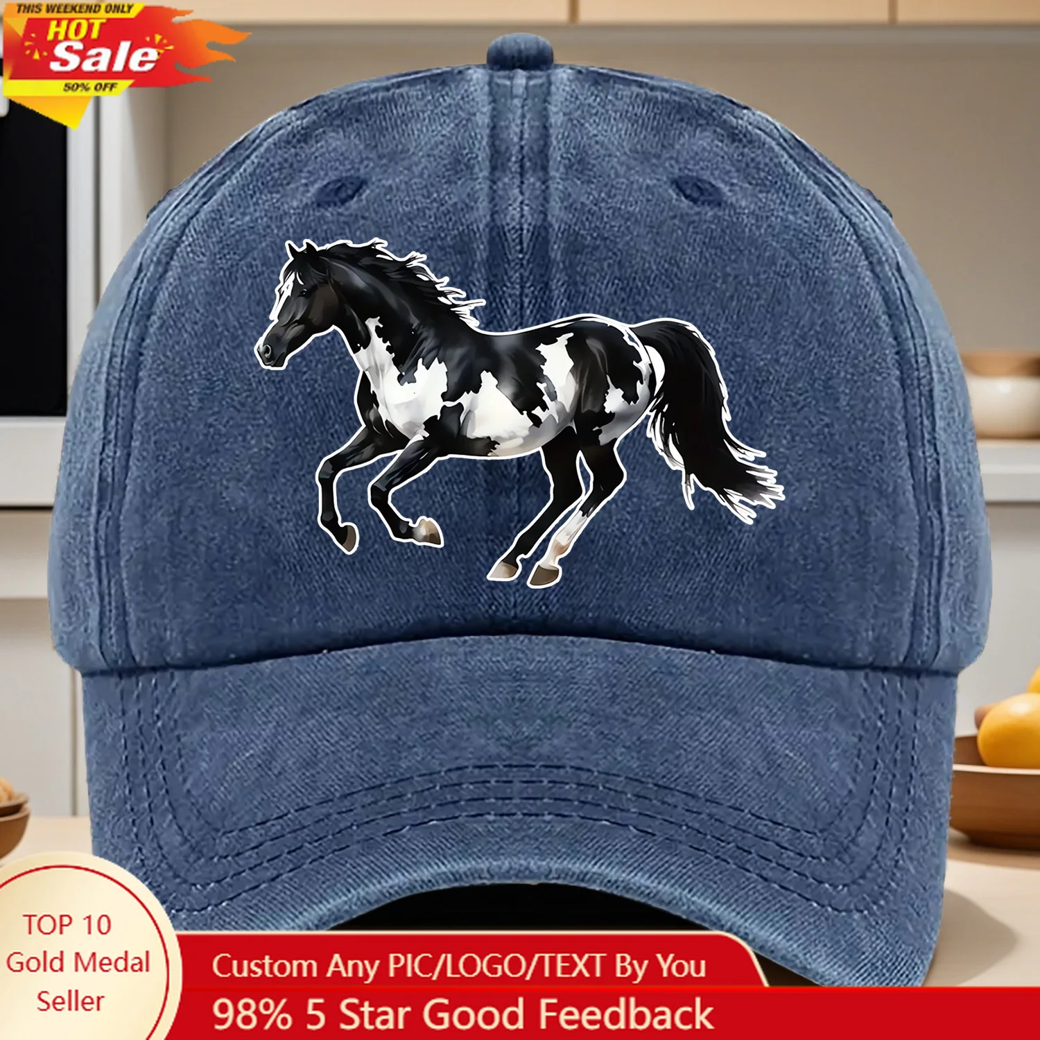 قبعة بيسبول تتميز بنمط "@5464@ حصان أبيض وأسود" مصنوعة من نسيج خفيف الوزن وجيد التهوية مع #1