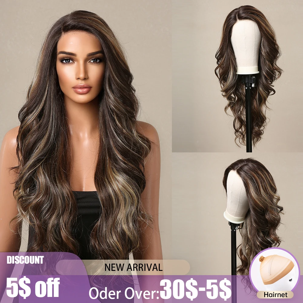 Long Body Wave Lace Front Synthetic Wigs Brown Copper Blonde Mixed Side Part Lace Frontal Wig for Women Brazilian Heat Resistant