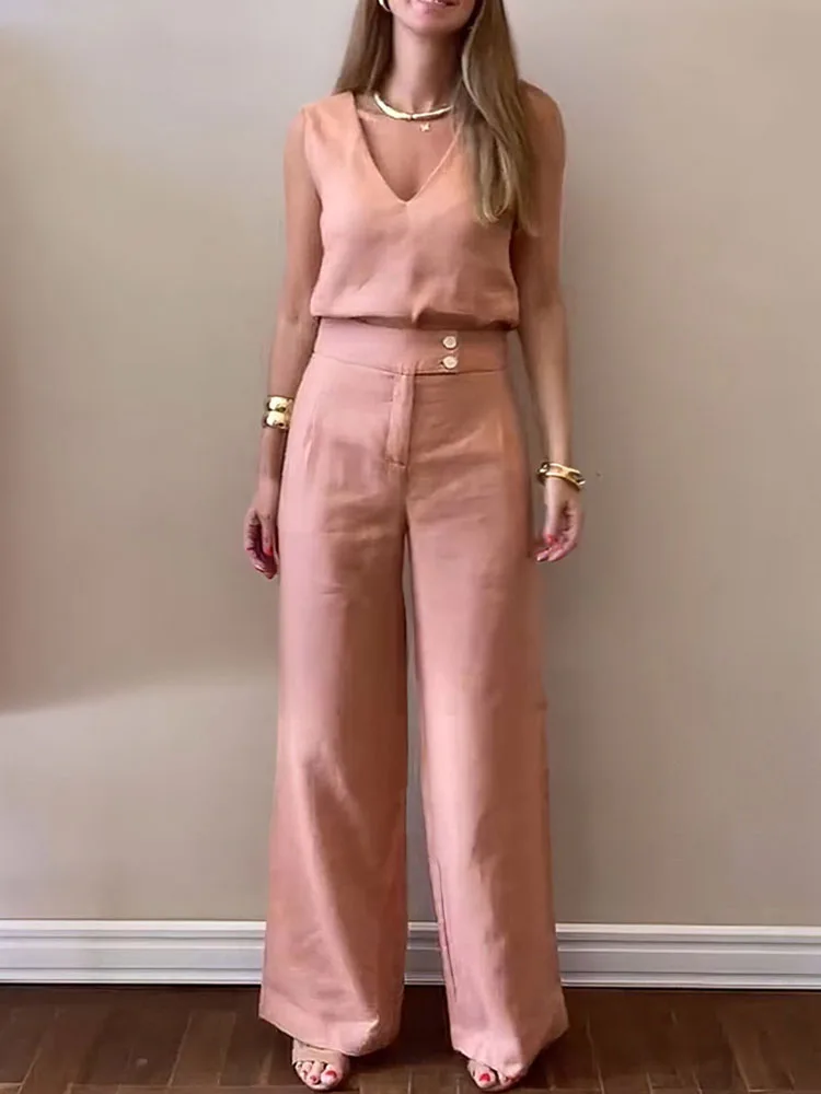 D​rauuing Elegant Lady Long Pants Matching Suit Chic Women Summer V Neck Slim Pants Set Solid Straight Trousers Two Piece Sets