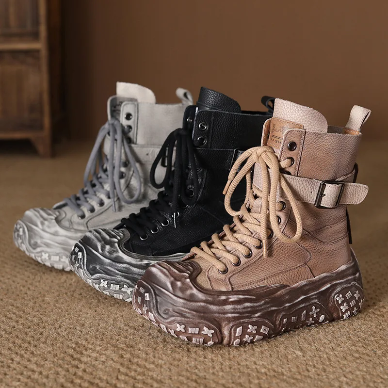 Retro Style Thick-soled Boots for Women's Genuine Leather Short Riding Boots Fashion Breathable High Top Women Platform Sneakers