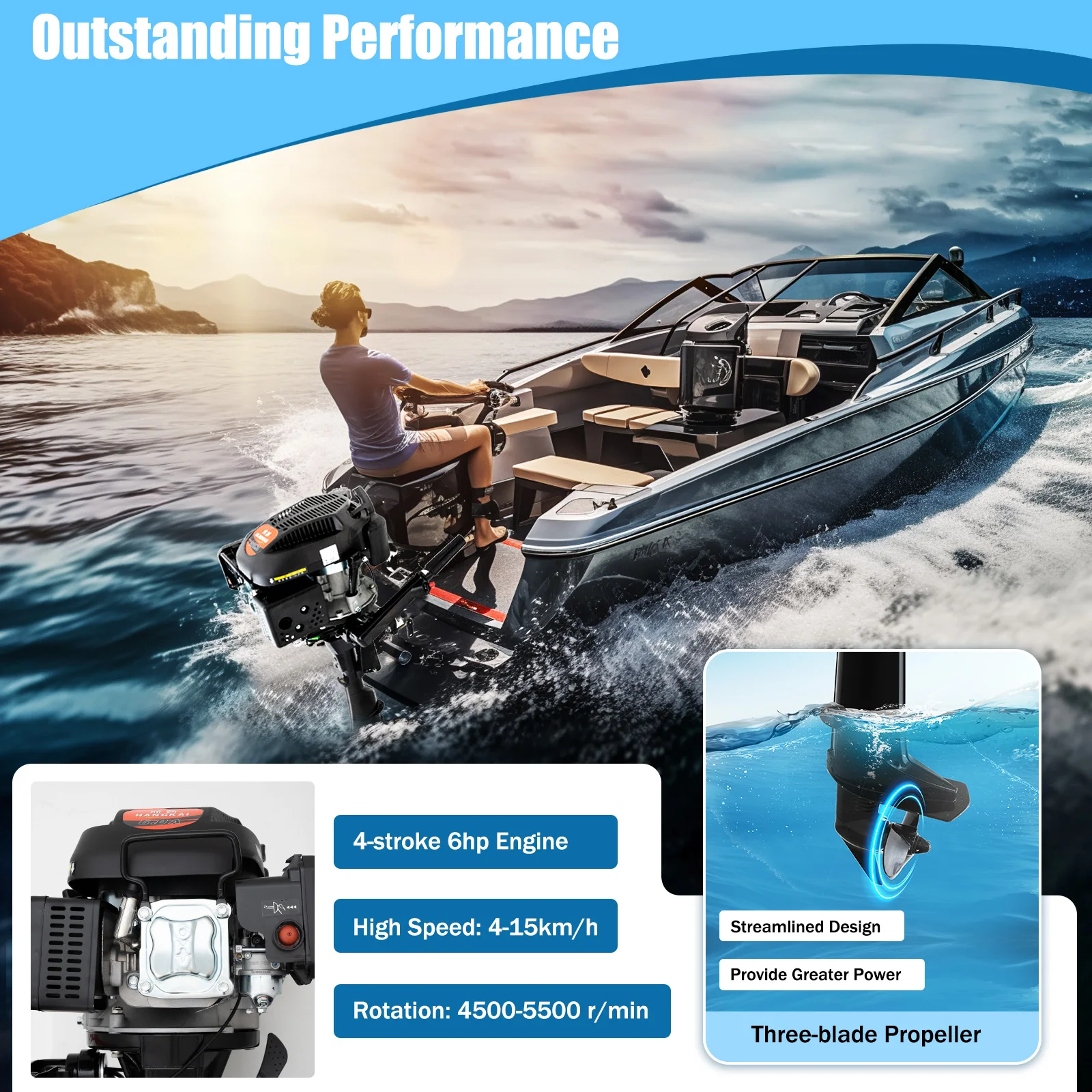 HANGKAI Heavy Duty 6 HP Fishing Boat Outboard Motor ,4 Stroke Outboard Motor Boat Engine , Air Cooling System Boat Accessories